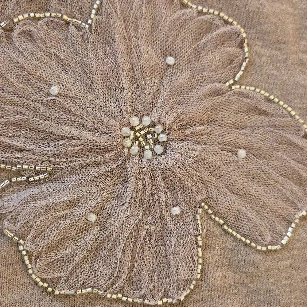 LIV Milano Womens Pearl Embellished Floral Applique Knit Sweater Taupe Large